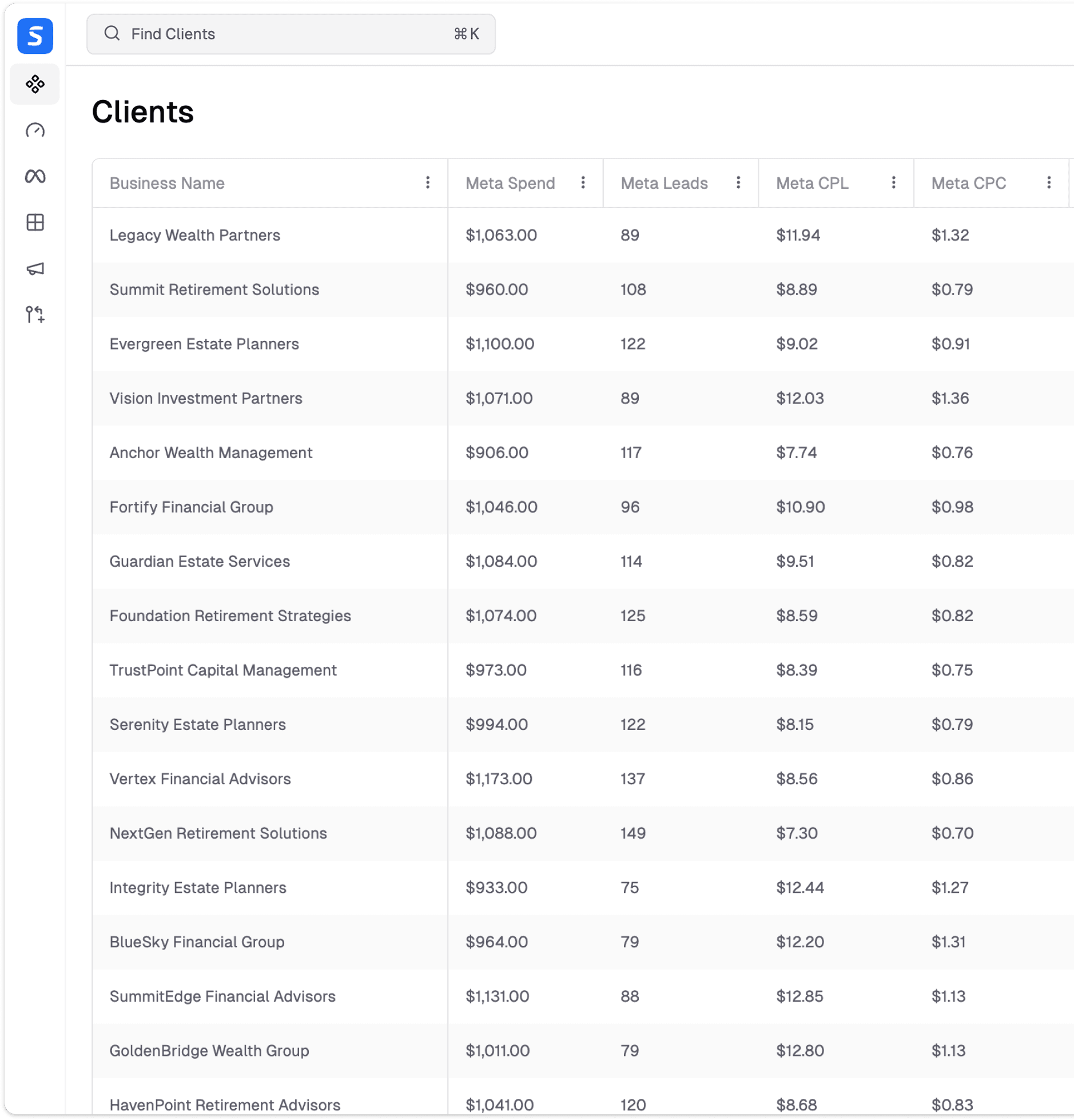 Clients data spreadsheet UI image