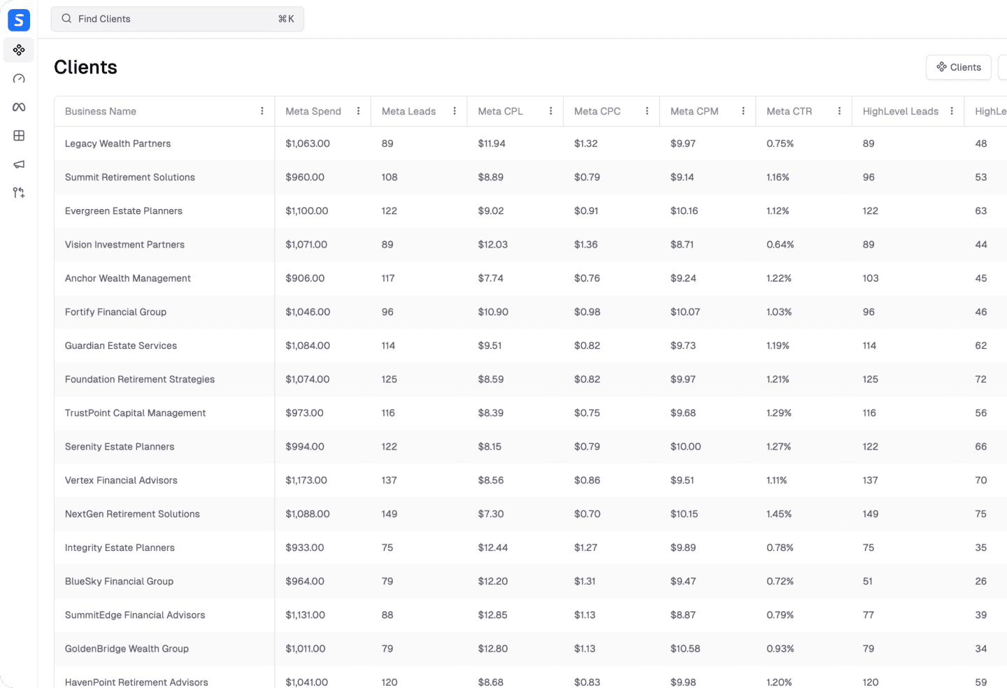 Clients data spreadsheet UI image
